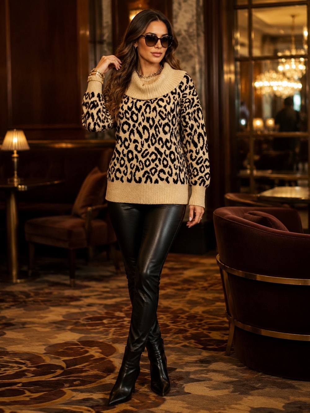 Rachel Zoe Beige and Black Leopard Turtleneck Sweater